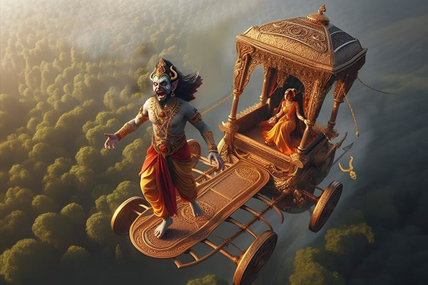 Ravan revealed his true form, seized Sita, and carried her away in his Pushpaka Vimana (celestial chariot).