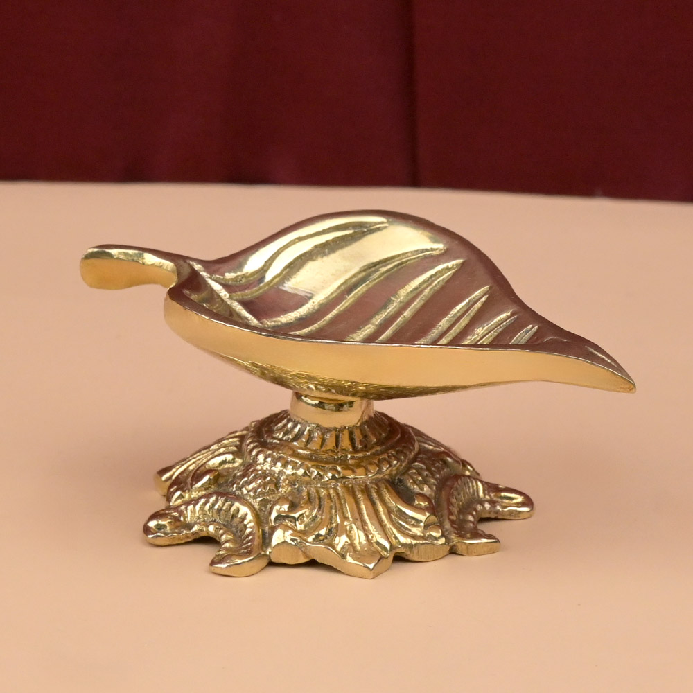 Brass Peepal Leaf Diya on Stand
