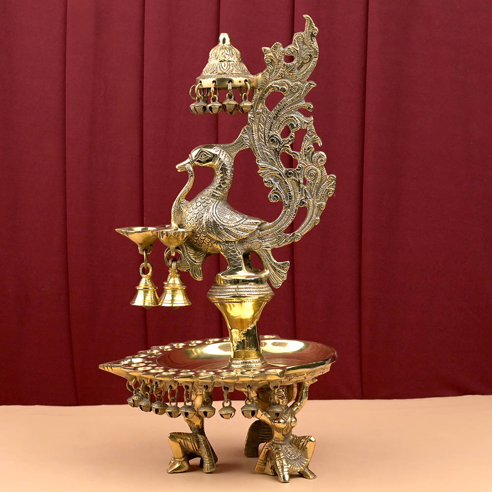 Brass Peacock 22 Diyas Lamp with Bells & Gungroo