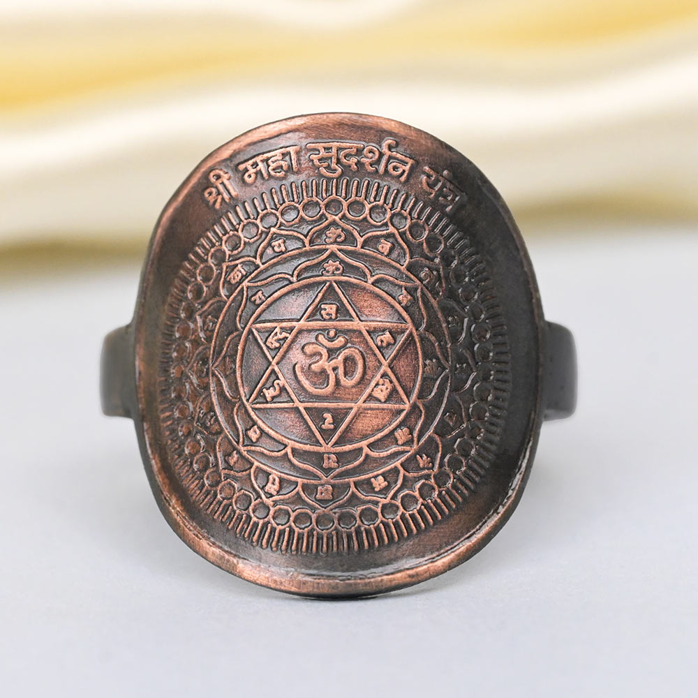 Buy Mahasudarshan Yantra Ring in Copper from Rudra Centre (Rudraksha Ratna) at reasonable prices.