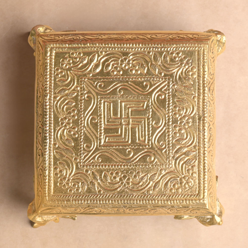 Brass Swastik Elephant Gaj Puja Chowki - 4.6 x 4.6 inches