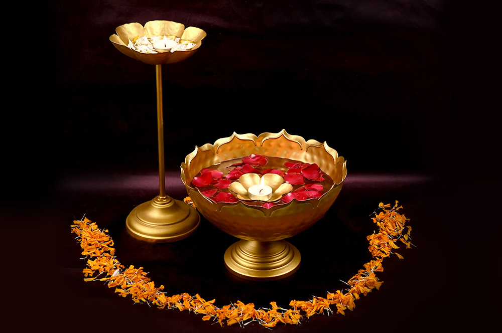 Designer Flower Urli Bowl, Floating Flower Diya & Stand