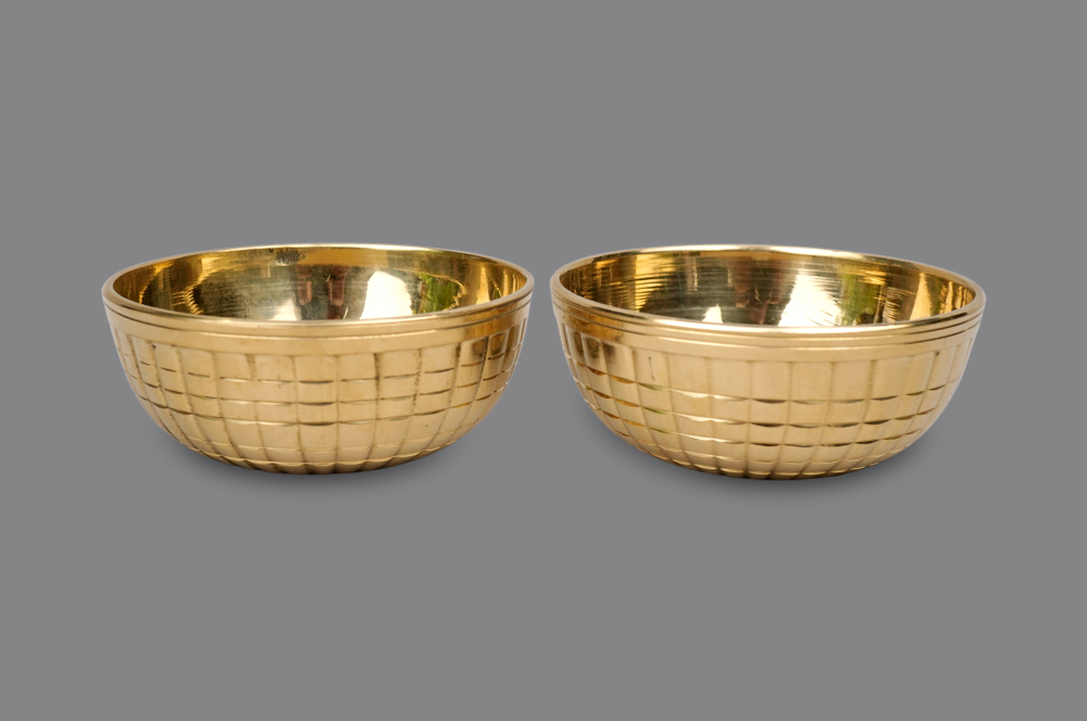 Brass Puja Katori Bowls Globe Grid Pattern For Tilak, Prasad, Akshat Rice (Set of 2)
