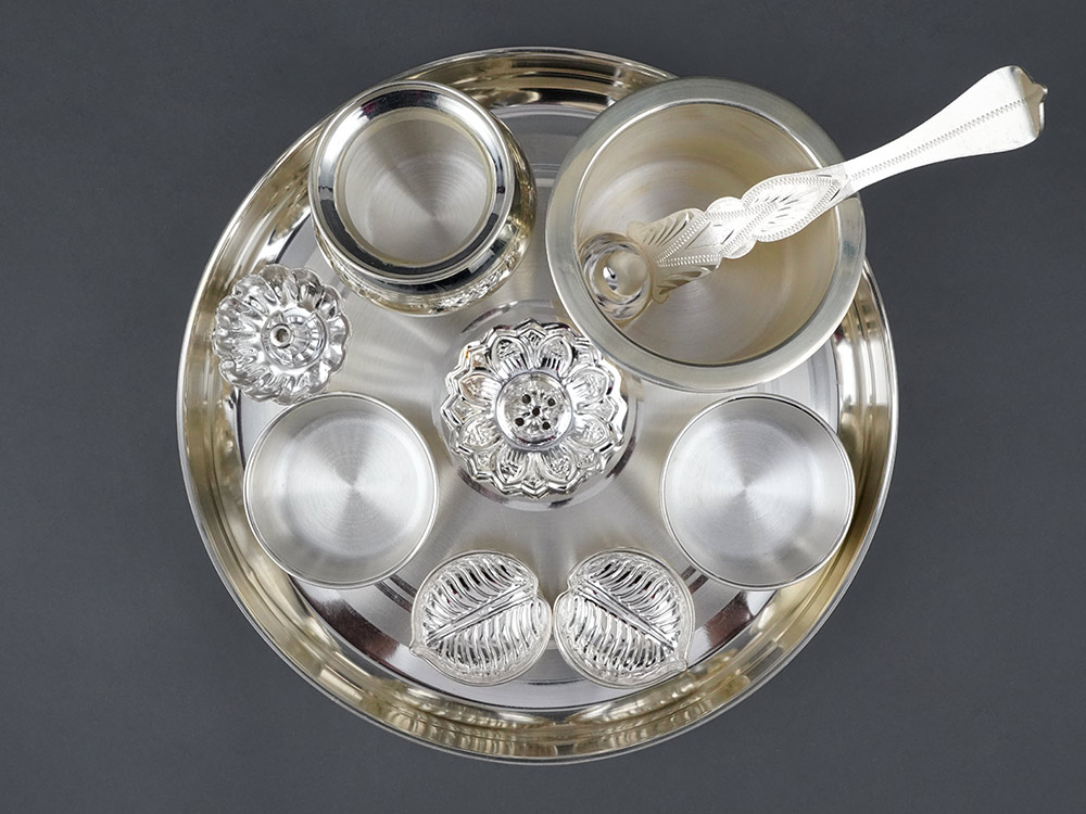 925 Silver Puja Thali Set With Bowl, 2 Tilak Holders, Agarbatti Stand, Diya, Kalash & Spoon