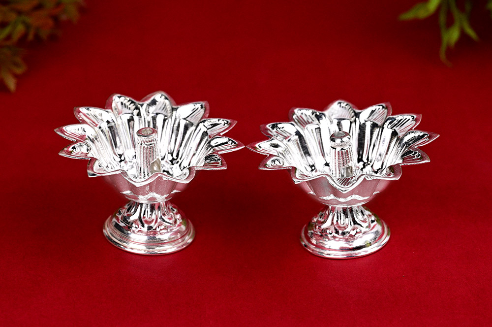 Flower Design 925 Silver Diya Set of 2