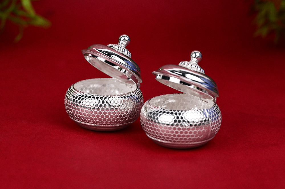 Designer Haldi Kumkum Container Dibbi Box in 925 Silver (Set of 2)