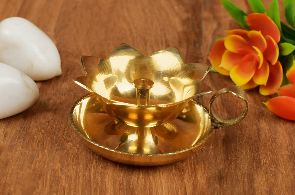 Brass Flower Aarti Diya With Holder