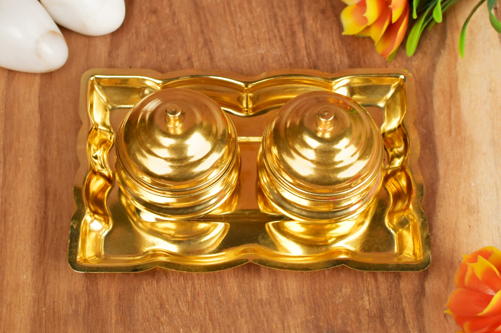 Brass Rectangle Plate with Haldi Kumkum Containers (Dibbi) Set