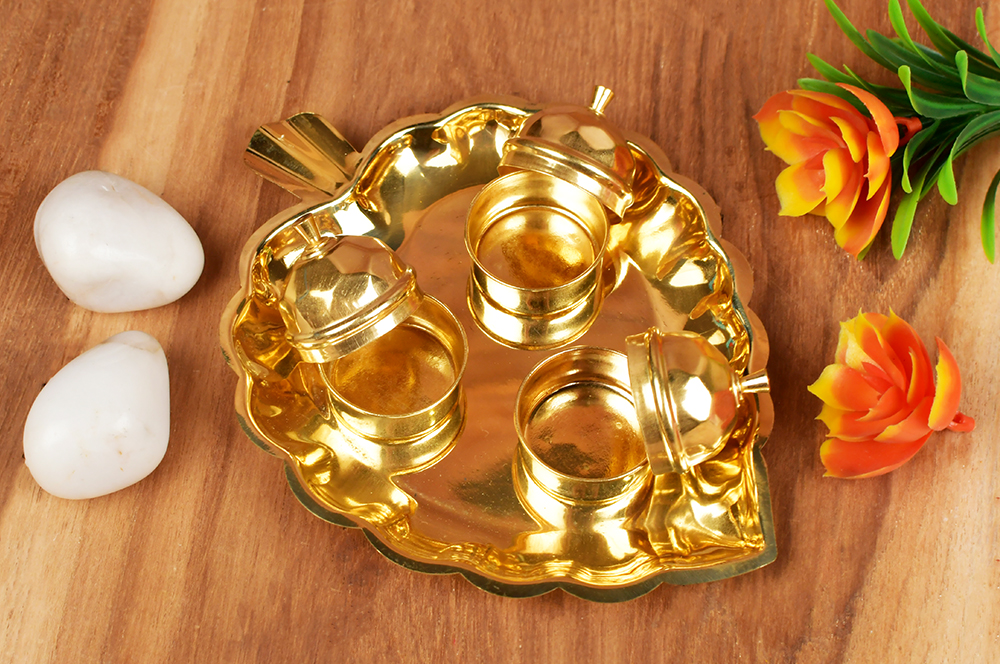 Brass Peepal Leaf Plate with Haldi Kumkum Akshat Rice Containers (Dibbi)