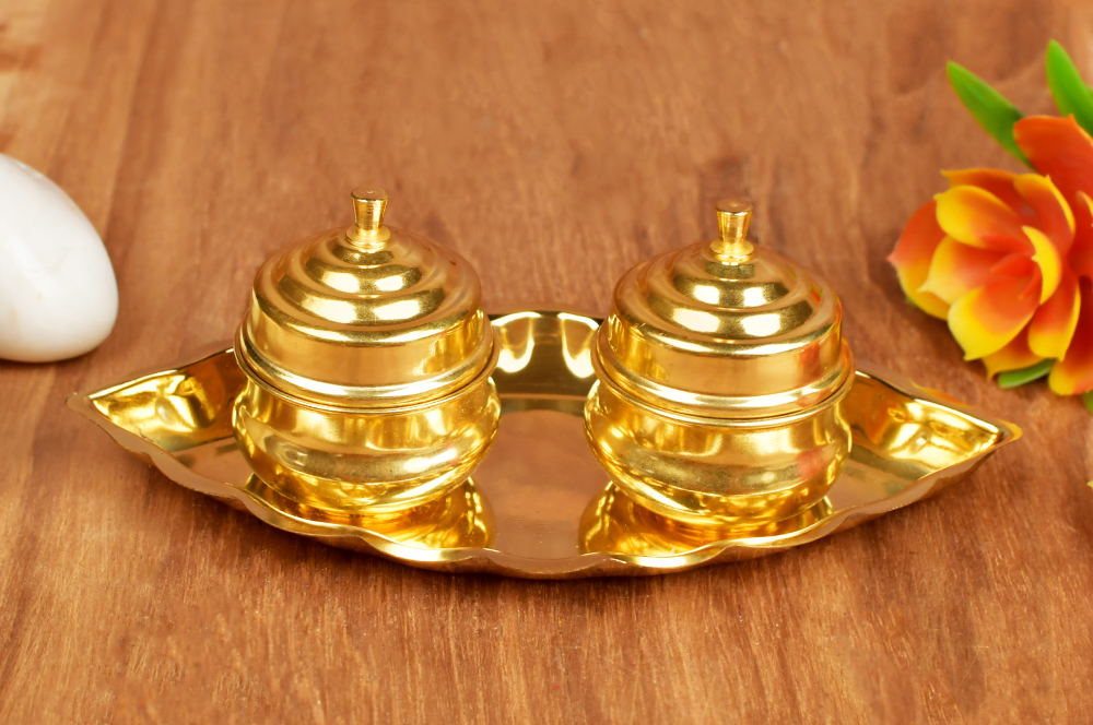 Brass Boat Kuyri with Haldi Kumkum Containers (Dibbi) Set