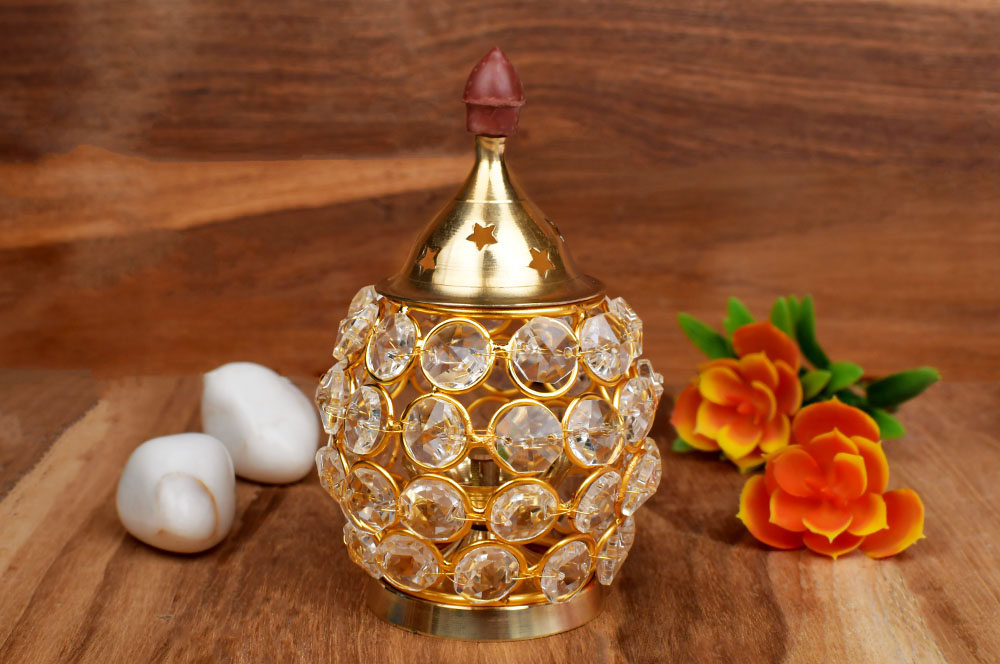 Akhand Crystal Decorated Brass Diya Holder