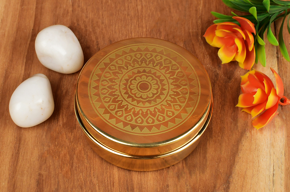 Brass Puja Box Set of 5 Containers (Masala Daani/Spice Box For Haldi, Kumkum, Akshat, Sindhoor, Chandan)