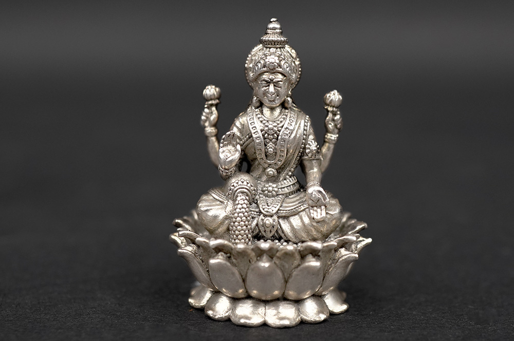 Laxmi On Lotus 925 Sterling Silver 3D Idol (Antique Finish)