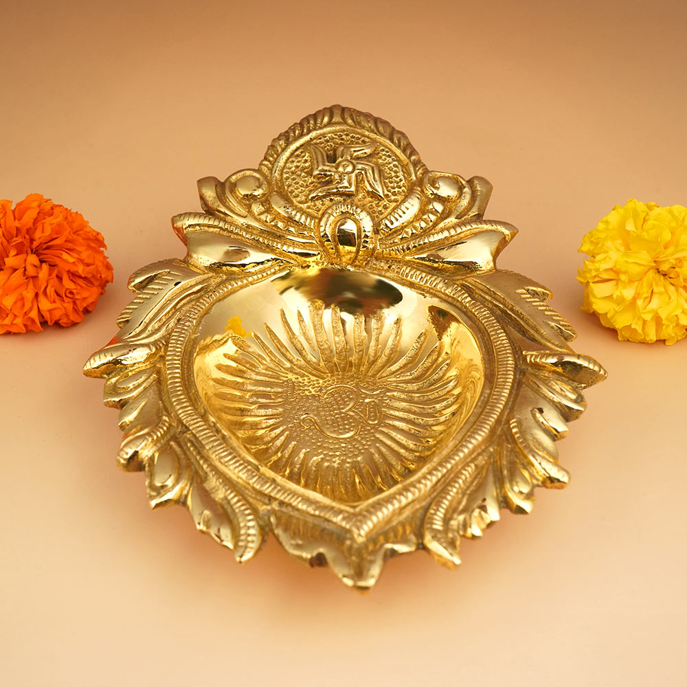 Brass OM Swastik Leaf Shape Akhand Diya