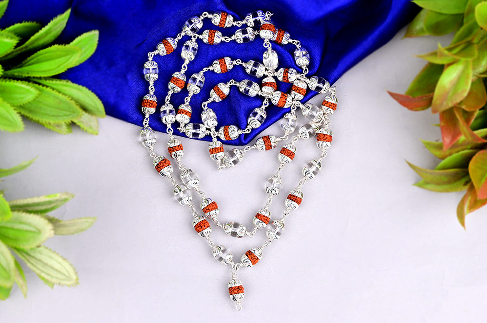 Rudraksha and Sphatik mala in silver designer caps - 6mm