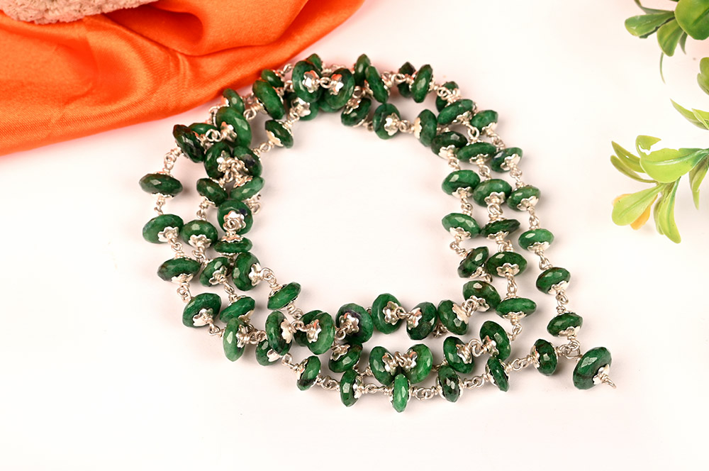 Green Emerald Beads Mala in Silver