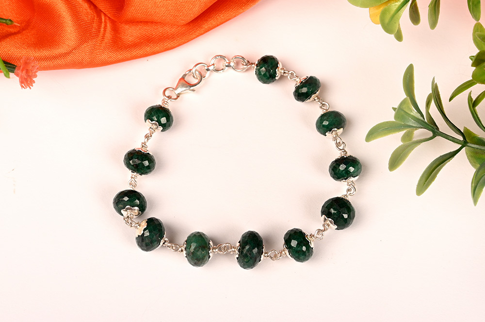 Emerald Button Shaped Faceted silver flower Bracelet