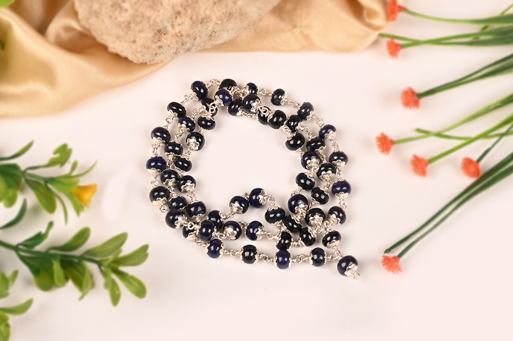 Blue Sapphire Mala in 925 Silver Flower Caps