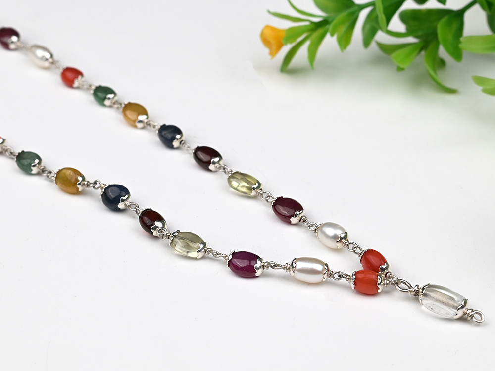 Navratna Mala in Silver Flower Caps