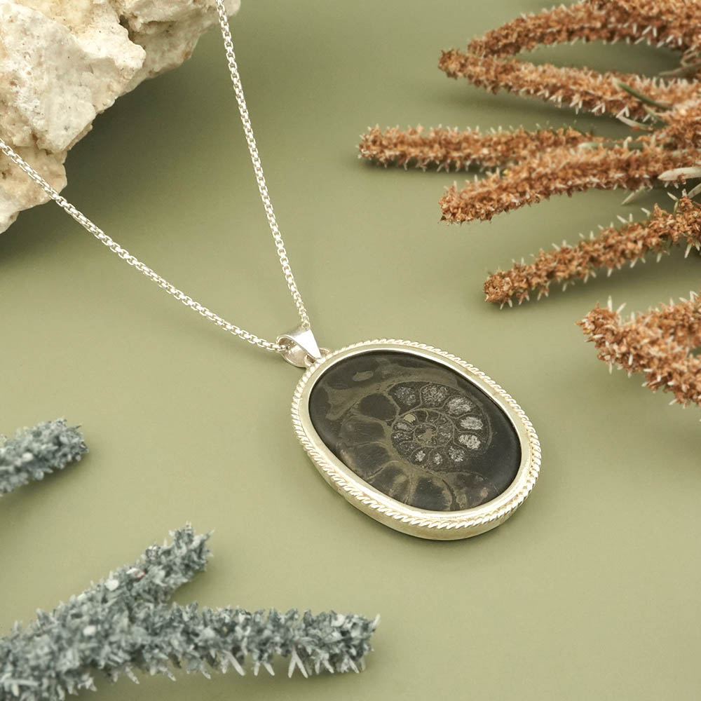 Golden Crystal Sudarshan Shaligram 925 Silver Pendant