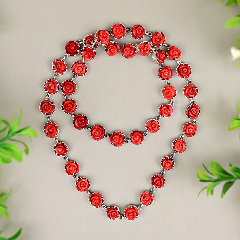 Coral Flower Shaped Beads Silver Mala