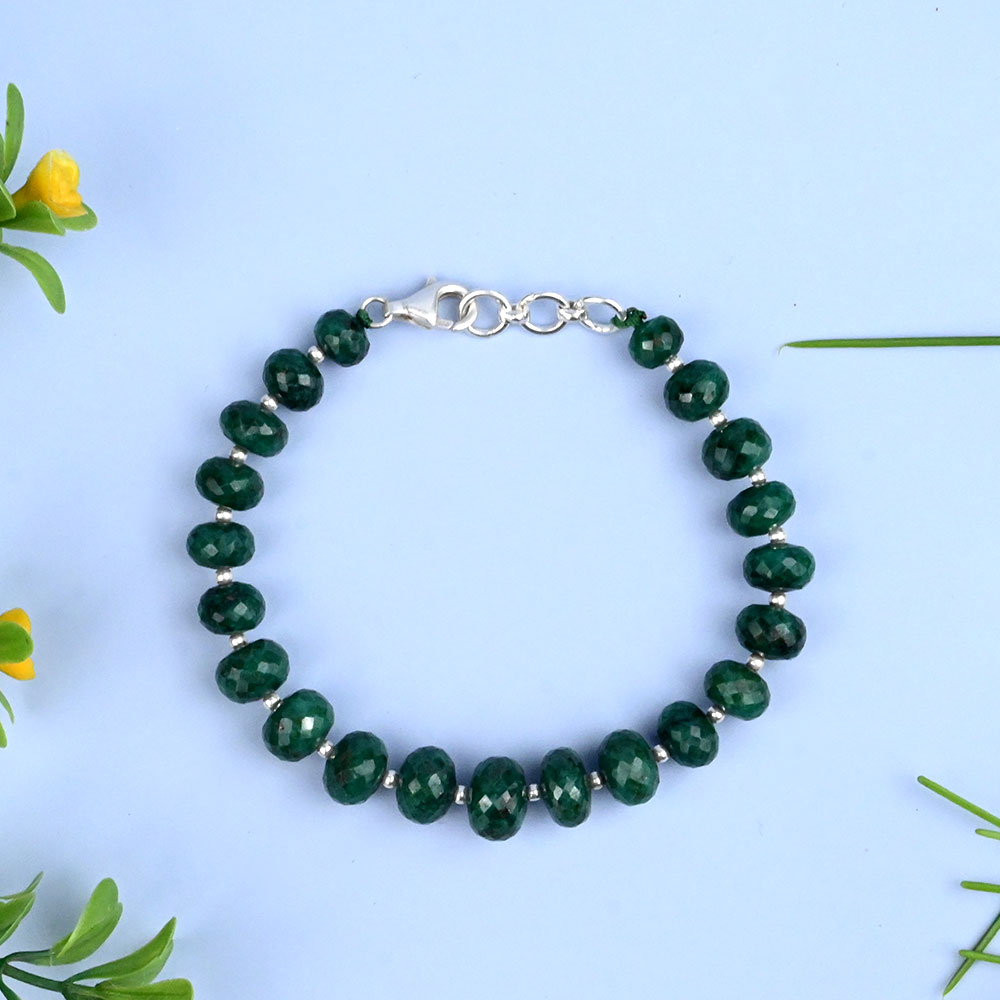 Emerald Button Shape Faceted 925 Silver Ball Bracelet