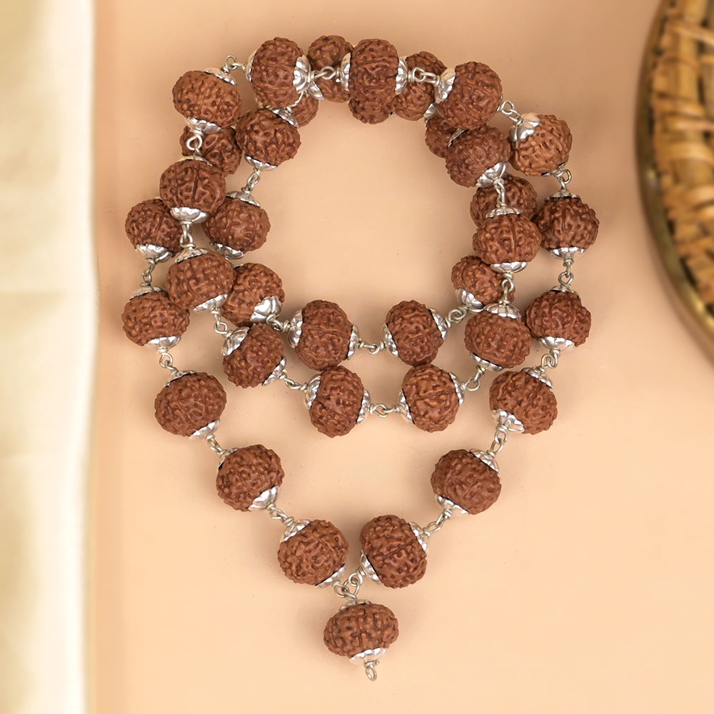 8 Mukhi Rudraksha Silver Flower Caps Mala