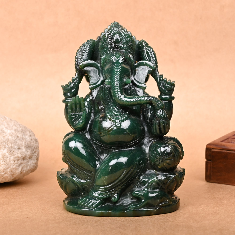 Green Jade Ganesha Idol - 1.175 Kgs