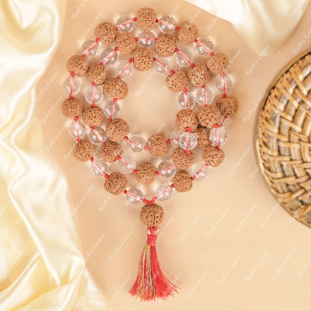 Premium 5 Mukhi Rudraksha & Faceted Sphatik Mala