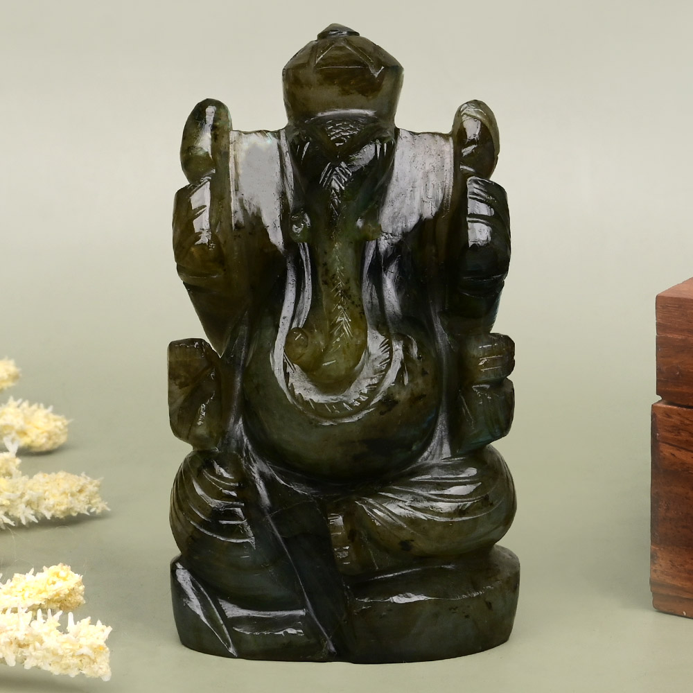 Labradorite Right Trunk Ganesha Idol - 264 gms