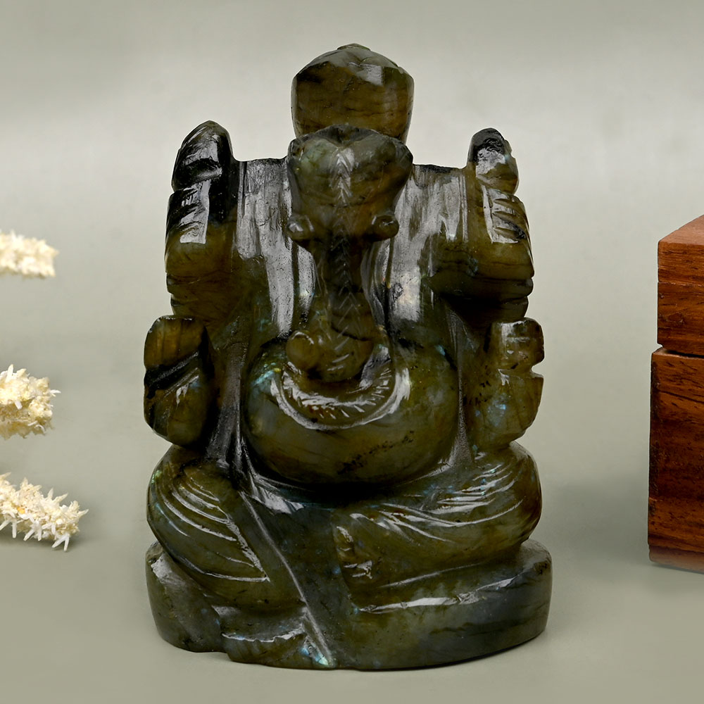 Labradorite Right Trunk Ganesha Idol - 285 gms