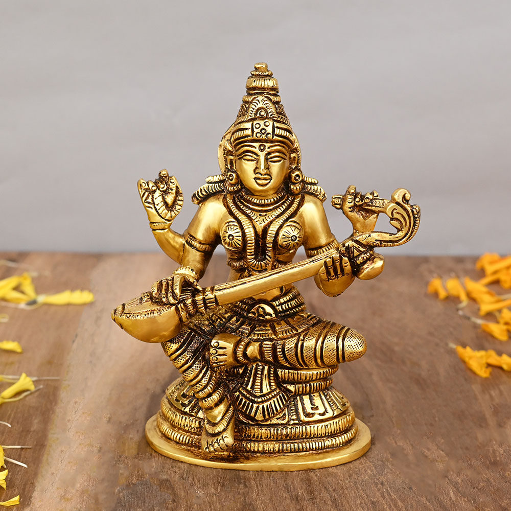 Saraswati Devi Playing Veena Brass Idol
