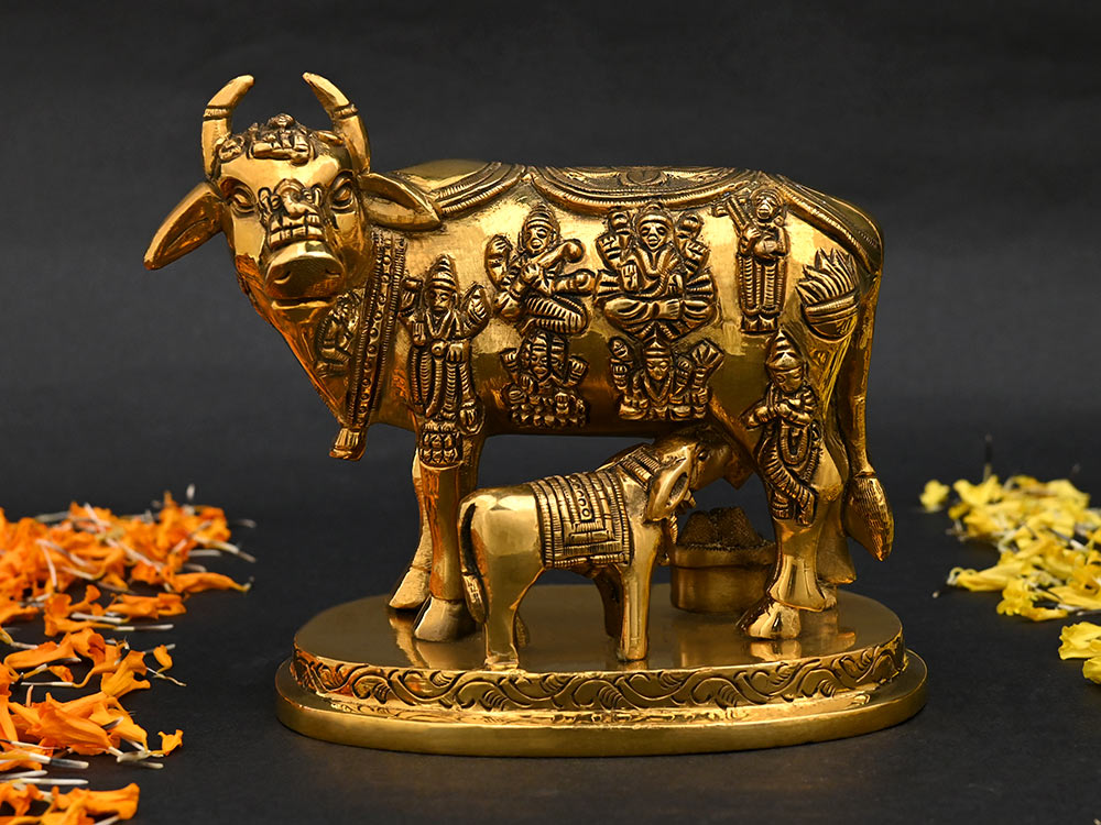 Cow With Calf and Gold Basket Brass Statue