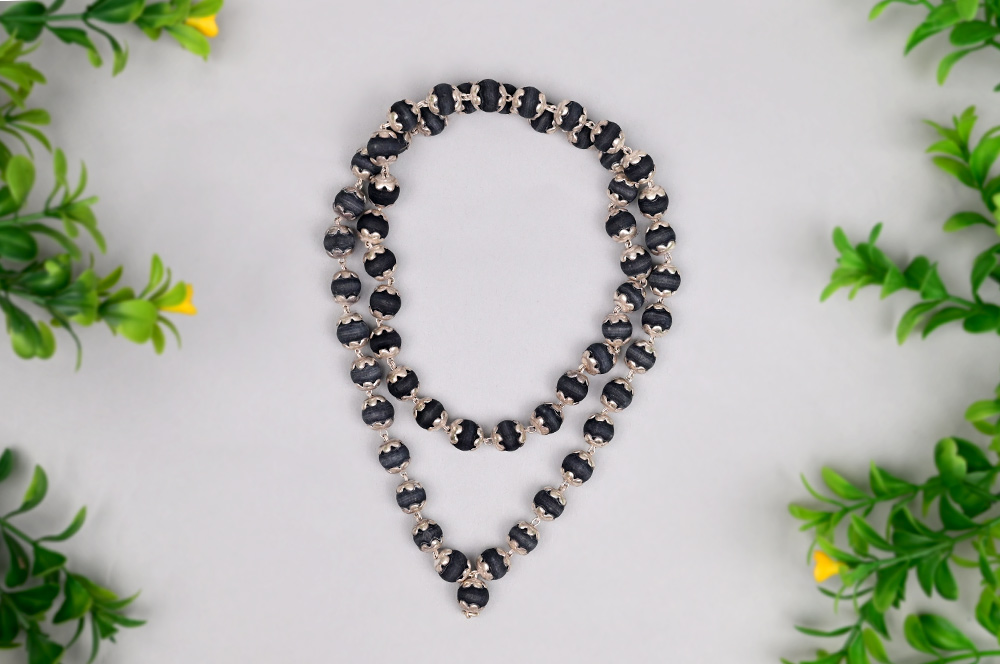 Black Tulsi Mala in Silver Flower Caps