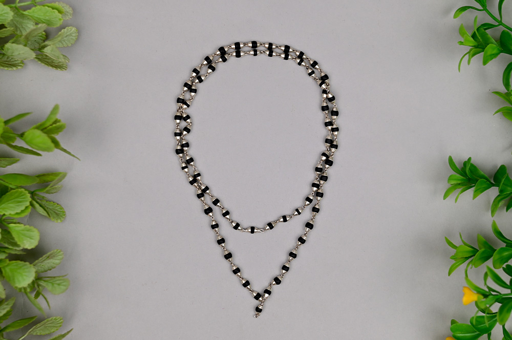 Black Tulsi Mala in Silver Conical Caps