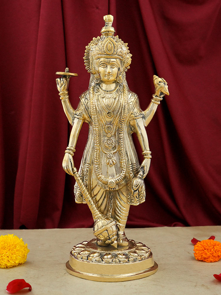 Chaturbhuj Vishnu With Kaumodaki Gada Superfine Gold Finish Brass Idol