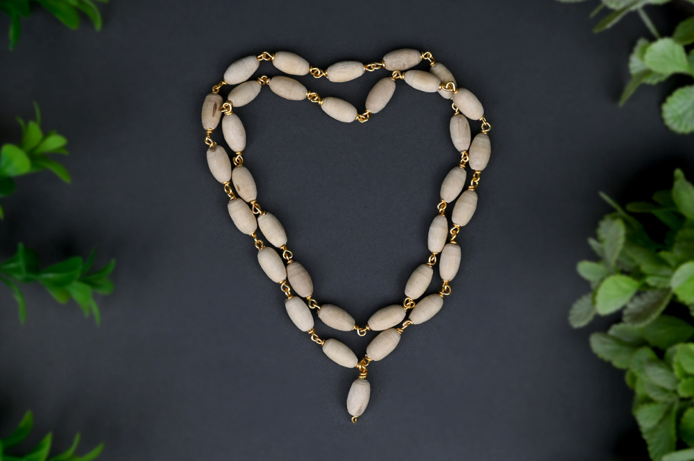 White Tulsi Mala in Brass Gold Plated Wire