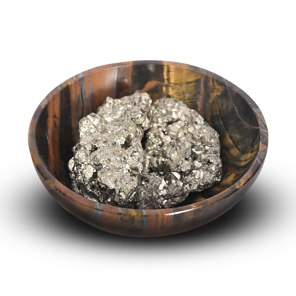 Pyrite Stone Cluster in Tiger Eye Bowl