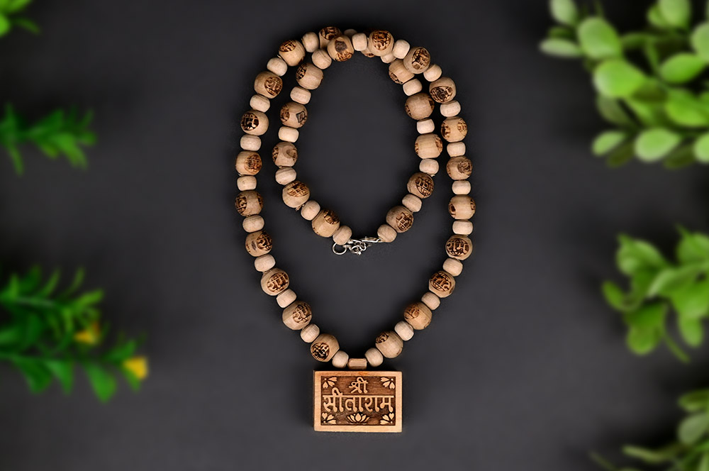 Sita Rama Engraved Tulsi Beads Mala With Sitarama Pendant
