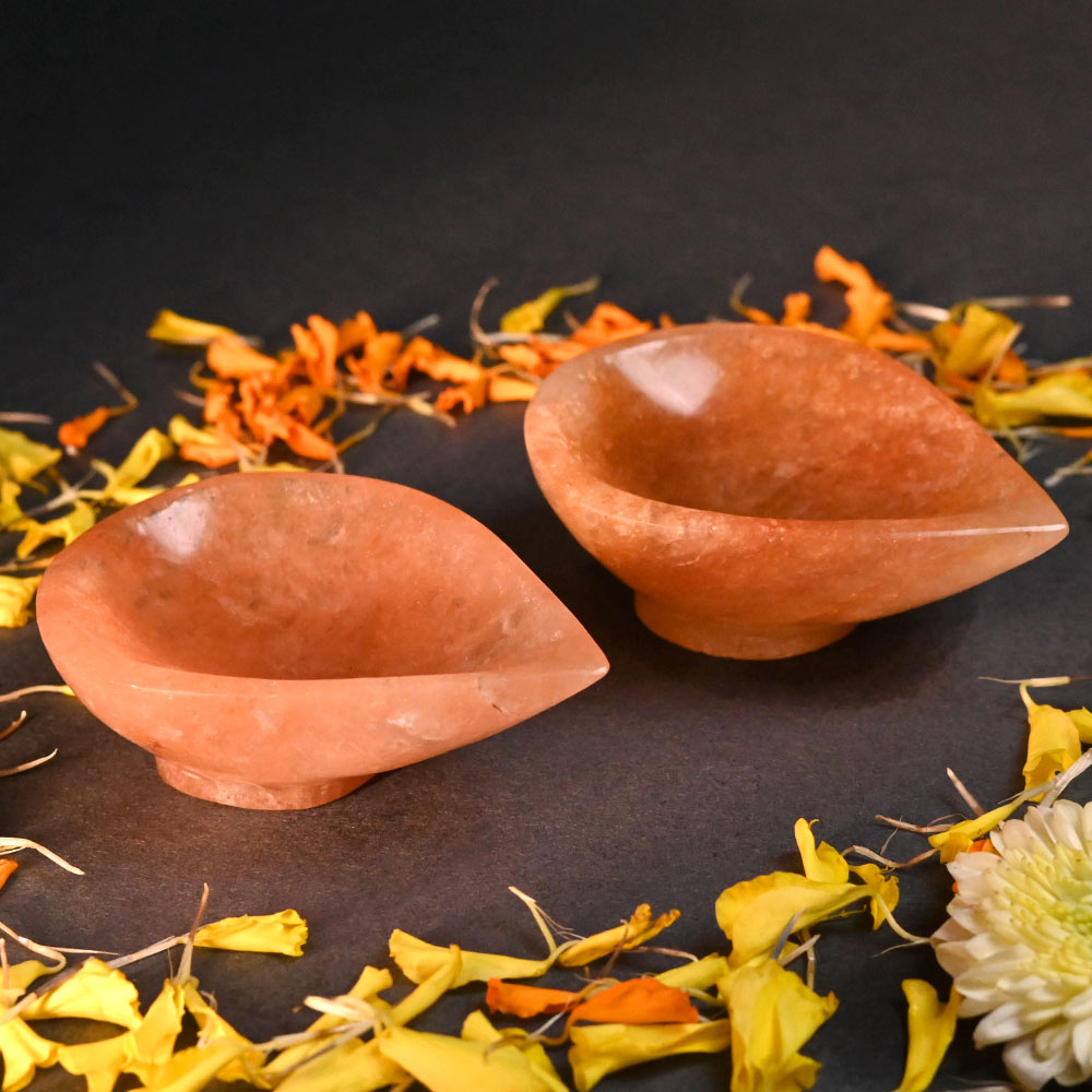 Orange Jade Gemstone Diya (Set of 2)