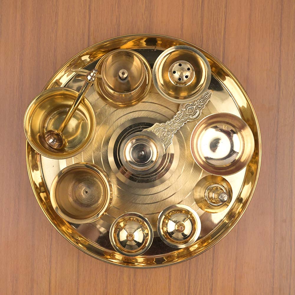 Royal Puja Thali with Ghanti Batti Kapoor Aarti Diya Haldi KumKum Dibbis Katori Kalash Agarbatti Stand Achamani Pot Spoon