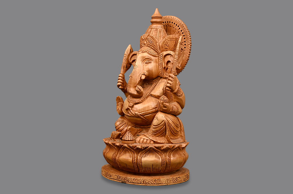 Ganesha on Lotus Wooden Idol