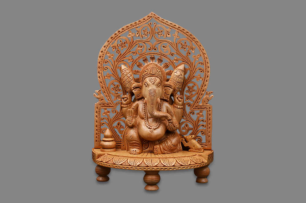 Ganesha With Temple Frame Wooden Idol