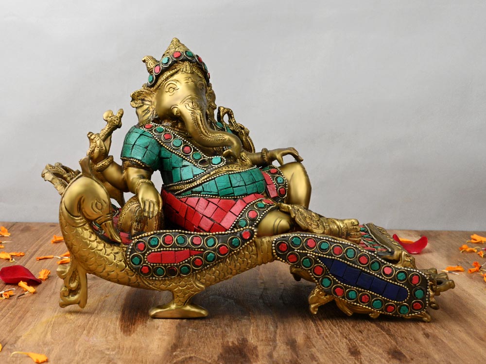 Vishrant Ganesh Brass Idol with Multicolour Stone Work