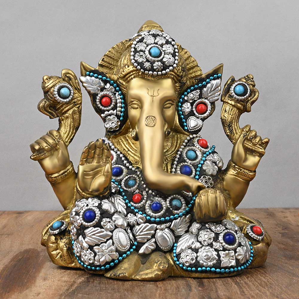 Ganapathi with Decorative Stone Work Brass Idol