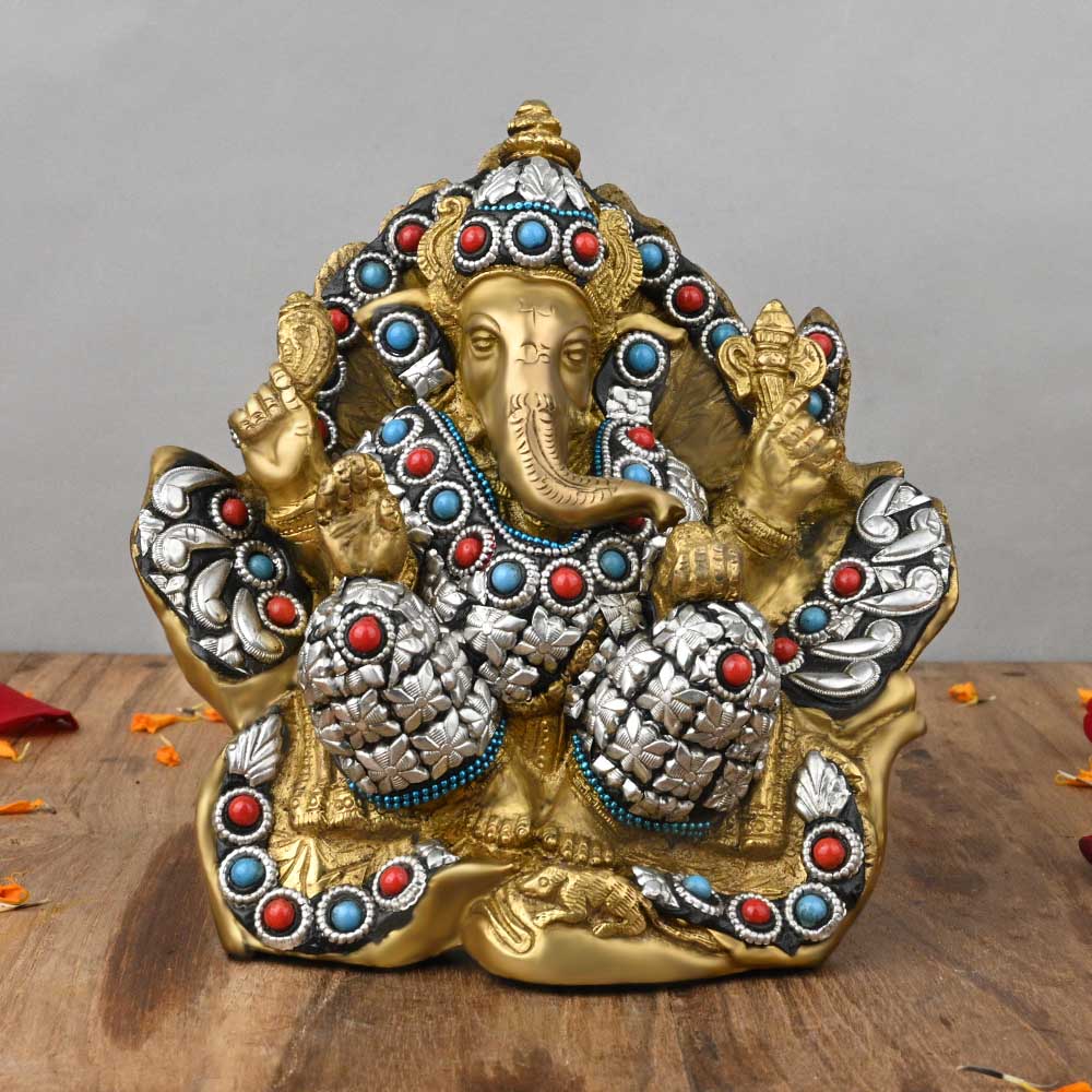 Ganesha with Decorative Stone Work Brass Idol