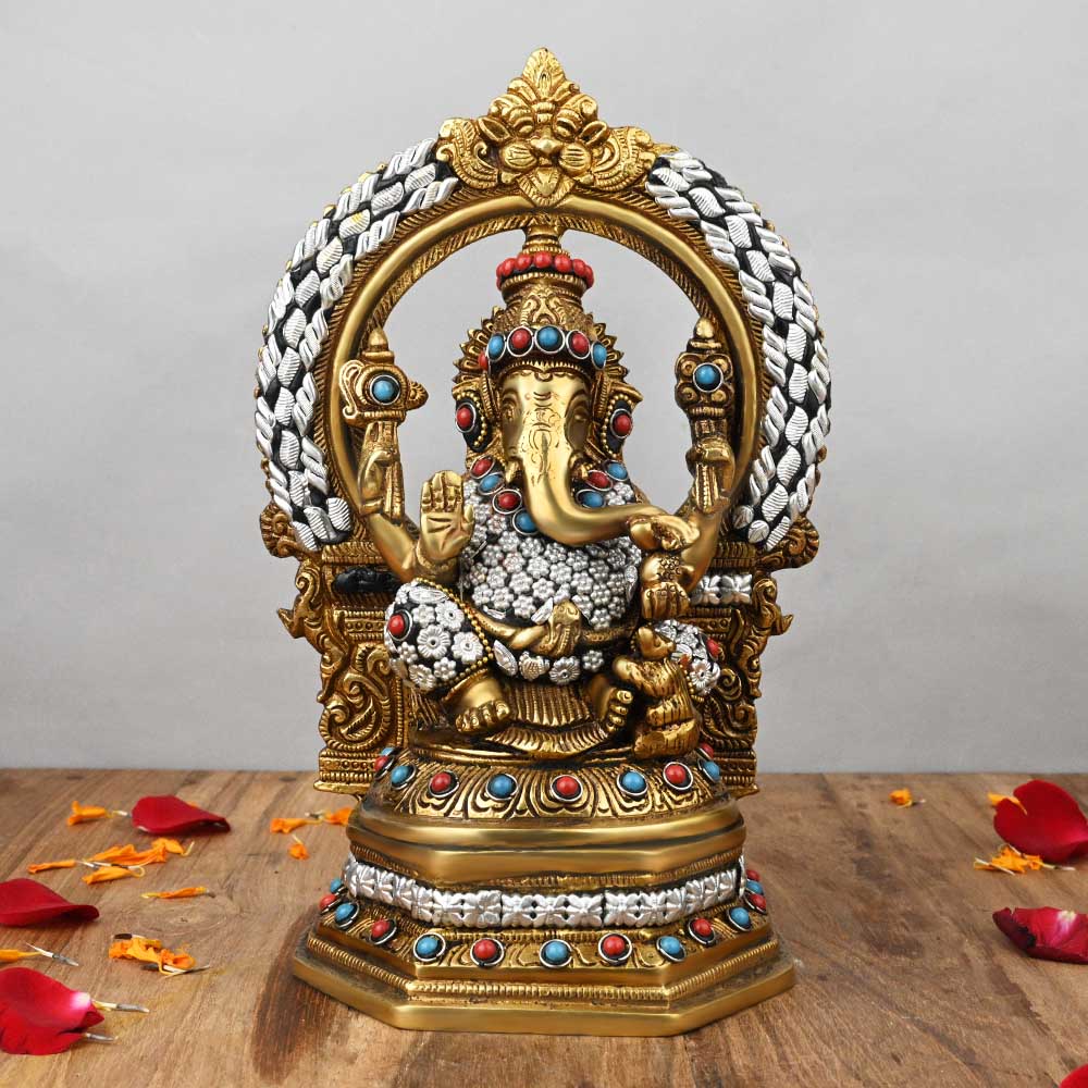 Prabhavali Arch Lord Ganesh with Decorative Stone Work Brass Idol