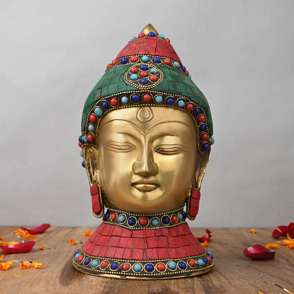 Buddha Face Brass Idol with Decorative Stone Work