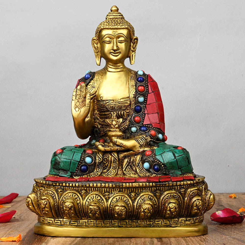 Buddha Brass Statue with Decorative Stone Work