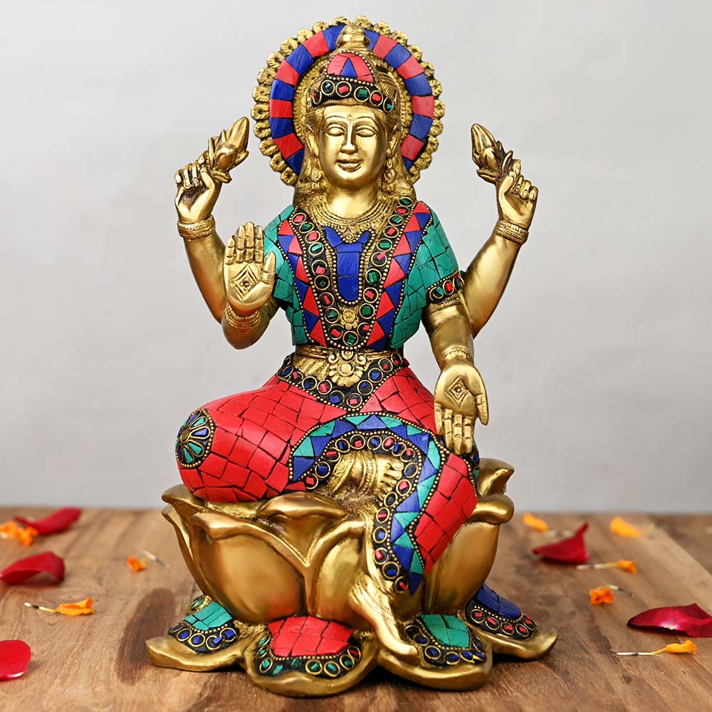 Goddess Laxmi Brass Idol with Stone Work